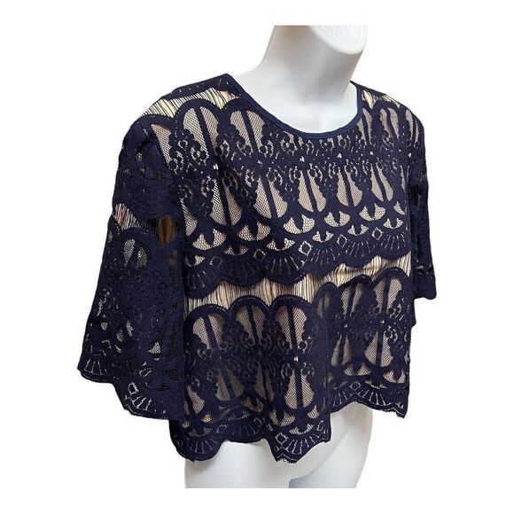 {tl} The Letter Top Women’s L Blue Crop Lace Mesh Abstract Romantic Short Sleeve - Picture 2 of 14